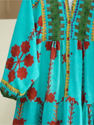 Moda Morfo Kolu Lastikli Dik Yaka Yarım Düğmeli Viskon Elbise -Turkuaz