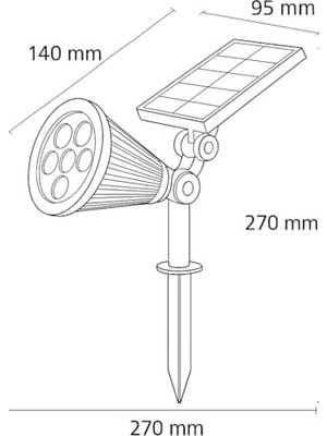 Asseds Store 7W Solar LED Bahçe Armatürü 3200K Günışığı – Güneş Enerjili Kazıklı & Duvar Montajlı Çim Aydınlatma Lambası – 7 Led, IP65, 90 Lümen, 140X270X95 mm