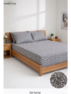 More Home Tek Kişilik Lastikli Çarşaf Seti + Yastık Kılıfı Gri Beyaz Yıldızlı