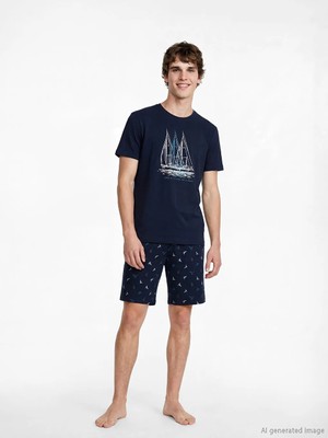 LC Waikiki Lc Waıkıkı Lacivert Standart Kalıp Baskılı Erkek Şortlu Pijama Takımı