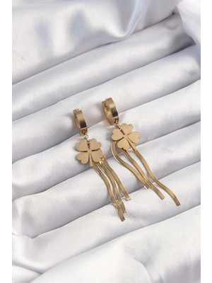 316L Çelik Altın Renk Italyan Zincirli Yonca Model Halka Küpe - Lisinya