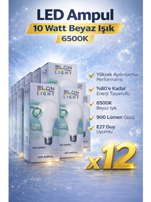 Bezos LED Ampul 10 Watt Beyaz Işık 6500K Yüksek Aydınlatma E27 Duy Enerji Tasarruflu 12 Adet
