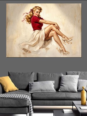 Tablomega Koltukta Oturan Retro Pin-Up Kadın Dekoratif Kanvas - Mdf Ahşap Tablo