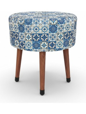 Ustaagac Osmanlı Iznik Çini Puf – El Yapımı Ahşap Ayaklı Tabure Mavi