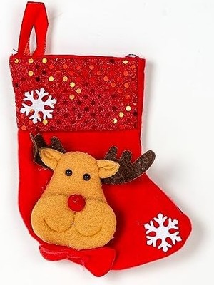 Ecovibe Yılbaşı Süsü Çorap Parlak Pullu Geyik Figürlü Kırmızı 12X16 Cm.