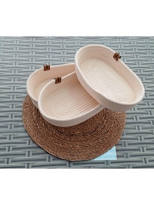 Asseds Store 3 Adet Oval Hasır Sepet Ev Krem Jüt Kordon Halat Ip Örme Dekoratif Düzenleyici Organizer