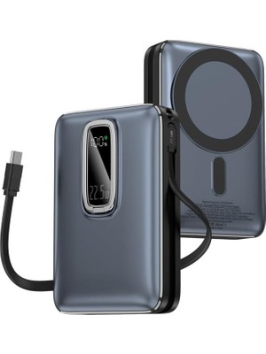 Ecovibe Magnetic Powerbank, 10000MAH Kablosuz Hızlı Şarj Magsafe Uyumlu LED Ekranlı, 22.5W Pd Qc Taşınabilir Şarj Cihazı, Standlı, Type-C USB Power Bank Güç Kaynağı Derin Lacivert