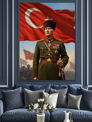 Artmeg Bayraklı Mareşal Atatürk Portresi Tasarımı Dekoratif Kanvas - Mdf Ahşap Tablo