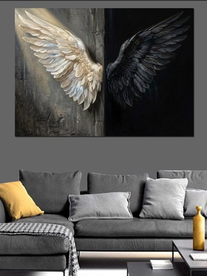 Tablomega Ak ve Kara Melek Kanatları Dekoratif Kanvas - Mdf Ahşap Tablo