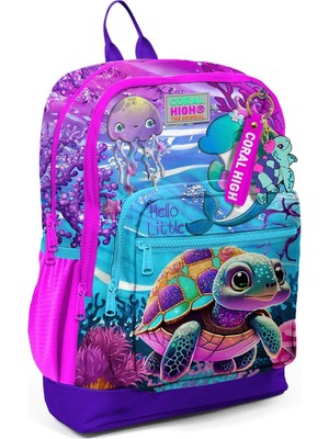 Ecovibe Dört Bölmeli Pembe Mor Kaplumbağa Desenli Ilkokul Sırt Çantası - Kız Çocuk