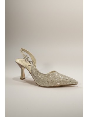 Modayak Arıcı Altın Desenli Ince Topuk Sivri Burun Bilekten Taşlı Tokalı Kadın Ayakkabı