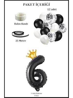 Ecovibe 6 Rakam Siyah Folyo Balon, Kral Tacı ve Konfetili Siyah Balon Set