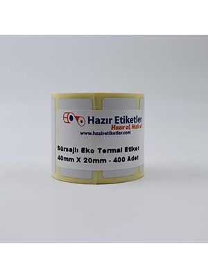 Ecovibe Eko Termal Etiket(Sürsajlı) 40MM x 20MM Toplam 3200 Adet 8 Rulo, Ruloda 400 Lü Sarılmış 40MM Çapında Örtücü Kapatma Etiketi Taşınabilir Barkod Yazıcılar ile Uyumlu