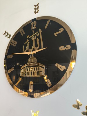 Lüks Duvar Saati 50 x 50 cm Allah cc Lafzı 5 mm Mdf Üzeri Gold Siyah Renk Aynalı Pleksi  Sessiz Mekanizma Modern Islami Duvar Saati