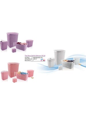 Colezium 5 Parça Örgü Desenli Plastik Banyo Seti Çamaşır Sepeti Deterjanlık  Kovası Klozet Fırçası - Gri