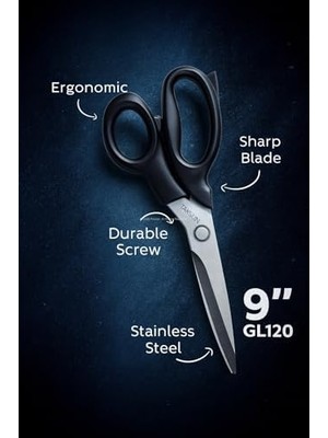 Ecovibe Paslanmaz Çelik, GL120, Keskin Bıçak, Ofis, Okul Kullanımı, Çok Amaçlı, Dayanıklı Vidalı Yapı, Ergonomik, Hassas Kağıt, Karton, Kumaş Kesimi, Profesyonel Terzi Makası, 9"