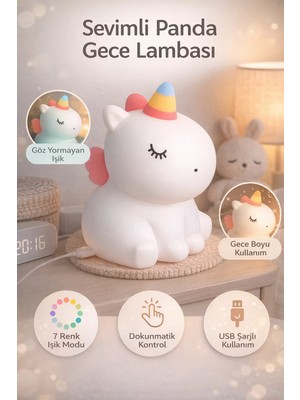 FaroxTech Sevimli Unicorn Gece Lambası - 7 Renkli Dokunmatik Şarjlı Gece Lambası - Yumuşak Gece Aydınlatması