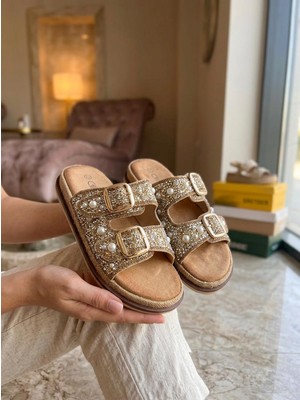 Guja 225 Kadın Çift Toka Taşlı Hasır Detay Comfort Terlik