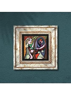 Bistopia Picasso Ayna Karşısındaki Kız Taş Duvar Tablosu - Çerçeveli Taş Tablo - Dekoratif Duvar Sanatı - Modern Ev ve Ofis Duvar Dekoru K1-301