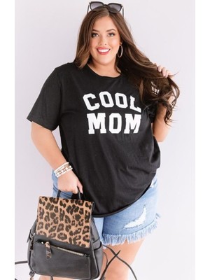 Punix Punıx Büyük Beden Cool Mom Baskılı Pamuk Dokuma Siyah Battal Kadın T-Shırt