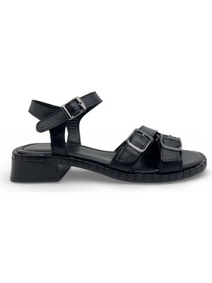 Vieris Siyah Hakiki Deri Çift Bantlı Günlük Kadın Sandalet (05429)