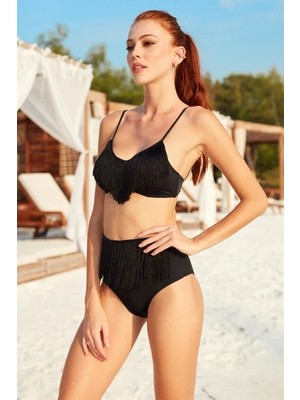 Kadın Kız Püsküllü Yüksel Bel Ince Askılı 1 Omuz Çıkartılabilir Bikini