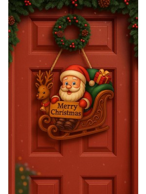 Daders Home Babalı Kızaklı Hediye Paketli Yılbaşı Geyikli Kapı Süsü Ahşap Kapı Süsü Yılbaşı Mazemeleri Temalı Hediyeler (25-30 Cm)