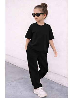 Punix Kids Özel Seri Baskısız Düz Renk %100 Pamuk Kısa Kollu Yazlık Kız Çocuk Şık Eşofman Takımı