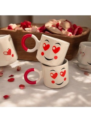 Daders Home El Yapımı Kırmızı Kalpli Göz ve Gülen Yüz Çay Kahve Hediyelik 2 Li El Yapımı Seramik Kupa Ba