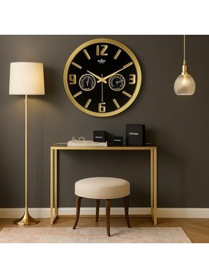 Daders Home Galaxy 705 Premium Serisi Termometre ve Baramotre Özellikli Kabartma Rakamlı Ev ve Ofis Duvar Saati -Siyah