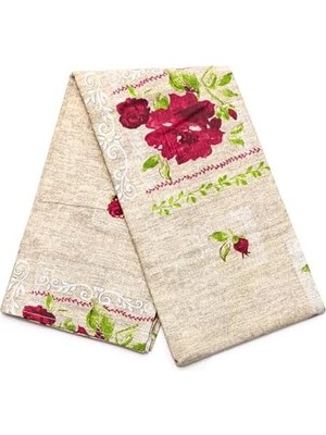 Daders Home Kırmızı Gül Desenli Bej Pamuklu Masa Örtüsü