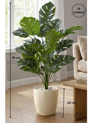 Biçiçek Yapay Çiçek Salon Bitkisi Monstera Deve Tabanı Kırıkbeyaz Renk Yalı Saksıda