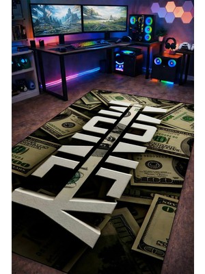 Gxeart Para Temalı Cash Yazı Modern Tasarım Yıkanabilir Kaymaz Taban Halı