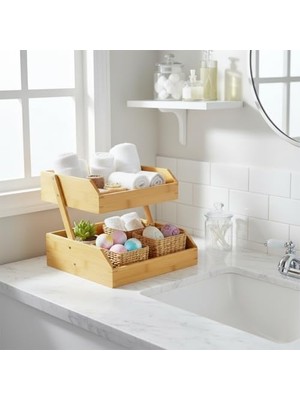 Daders Home Doğal Bambu Iki Katlı Dekoratif Mutfak ve Banyo Organizeri | Çok Amaçlı Düzenleyici Raf | Meyvelik, Sebzelik, Baharatlık, Banyo Rafı | 26X32X23 cm
