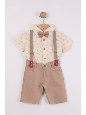 Joy Kids Erkek Çocuk Papyonlu Askılı Müslin Keten Takım (1-4yaş) (Krem-Kahve)
