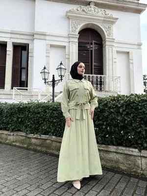 Esra Butik Mint Yeşili Etekli Tesettür Takım – Gömlek Yaka, Kuşaklı, Cepli, Fermuarlı Şık Kombin