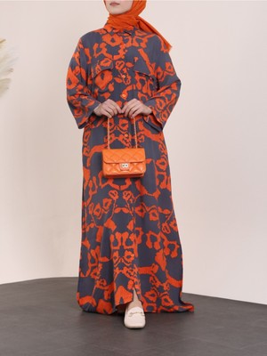 Moda Morfo Boydan Düğmeli Çift Cepli Polo Yaka Viskon Elbise -Füme