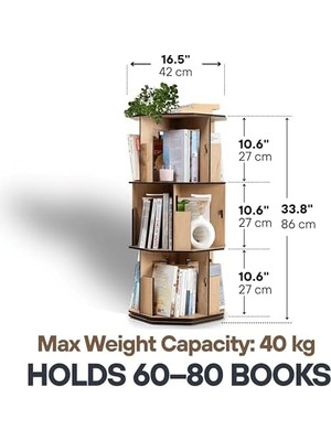 Daders Home 360° Döner Kitaplık – Modern ve Dekoratif Çok Katmanlı Ahşap Kitap ve Dergi Rafı (Meşe, 3 Raflı)