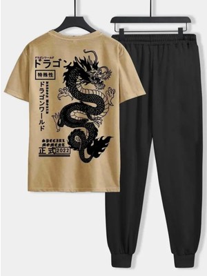 Amor Man Büyük Beden Özel Seri Ejderha Sırt Baskılı Kısa Kollu Yazlık Japon Stil Erkek Eşofman Takımı