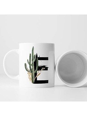 DMR Home E Harfi Baskılı Çiçek Desenli Dekoratif Baş Harf Baskılı Kupa Bardak E Harfli Kahve Bardağı