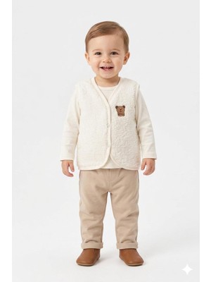 HaanBebe Unisex Bebek Ayıcık Detaylı Polar Pelüş Yelek (3 Renk Seçeneği) Kahverengi/ekru/pembe