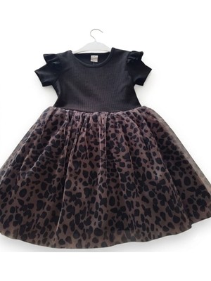 Lina Baby Bloomm Kız Çocuk Siyah Üst Leopar Desenli Kısa Kollu Tütü Etekli Elbise Şık Tasarım