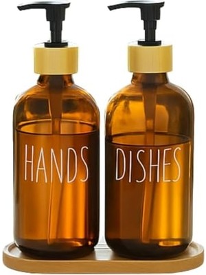Daders Home Cam Dispenser Seti – 2’li Şişe (Hands & Dishes Etiketli), Bambu Kapaklı, Sıvı Sabun & Deterjan Pompası