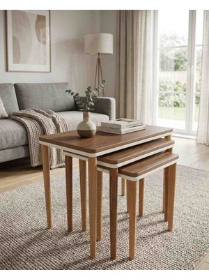 Gofret Serisi 3'lü Ceviz Çift Katlı Oval Zigon Sehpa Takımı Mdf