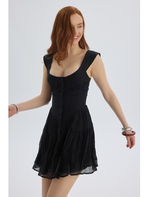 Mai Serena Düğmeli Siyah Mini Elbise