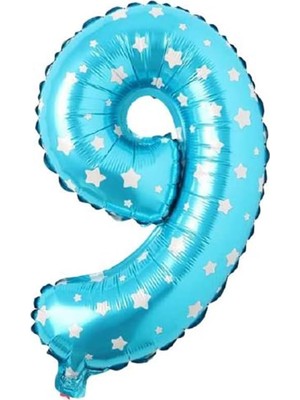 DMR Home 9 Rakamlı 16 Inç Mavi Yıldızlı Folyo Balon 36 cm (Mavi)