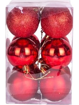 DMR Home Yılbaşı Topu Simli Mat Parlak 12'li Set Kırmızı 6 Cm.