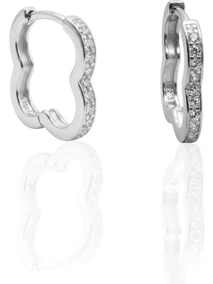 Oya Silver Ince Zirkon Taşlı Yonca Form Gümüş Halka Küpe 1.4 x 1.3 cm [OYSY284]