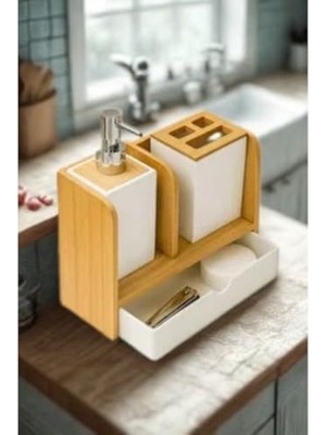DMR Home Çekmeceli Banyo Seti – Ahşap Sabunluk, Diş Fırçalık, Sıvı Sabunluk ve Çok Amaçlı Düzenleyici