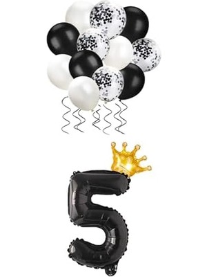 DMR Home 5 Rakam Siyah Folyo Balon, Kral Tacı ve Konfetili Siyah Balon Set